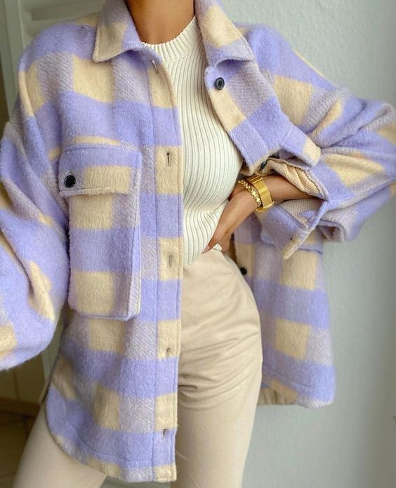 Checked Collared Overshirt Patch Pocket Wool Blend Tweed Jacket