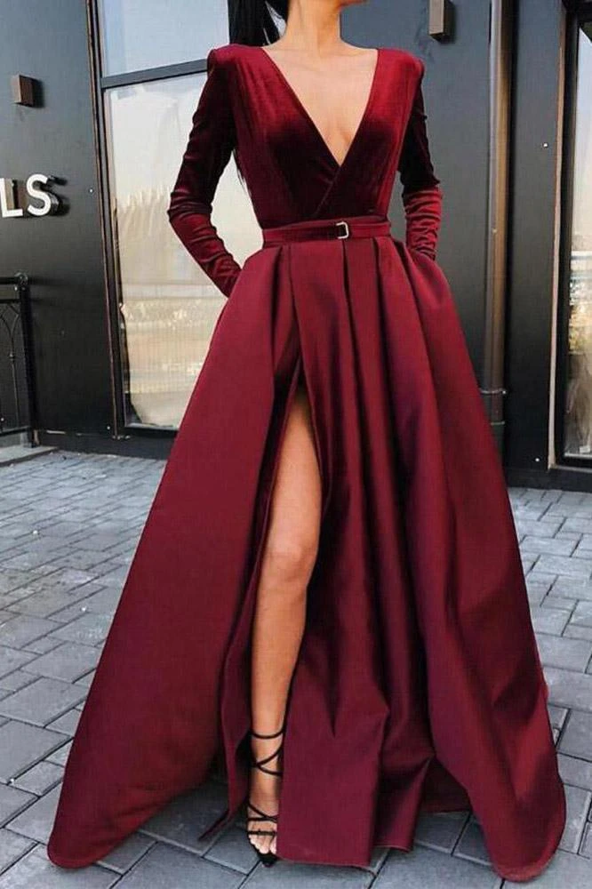 A line Long Sleeve Burgundy Prom Dresses Satin Deep V Neck High Slit Evening Dress SM650