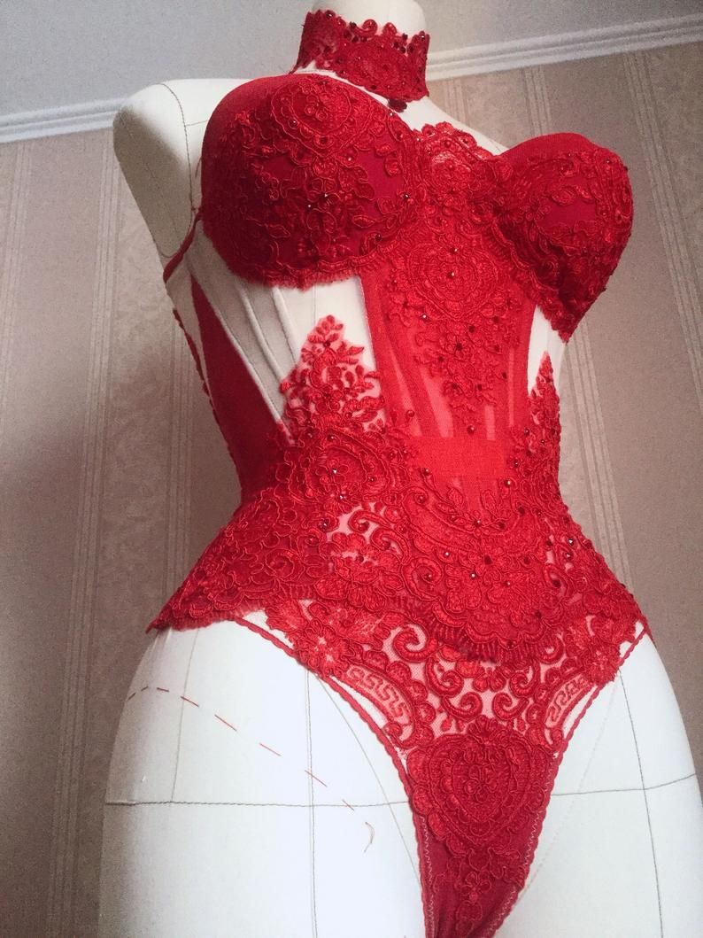 Red corseted lingerie set; red lingerie