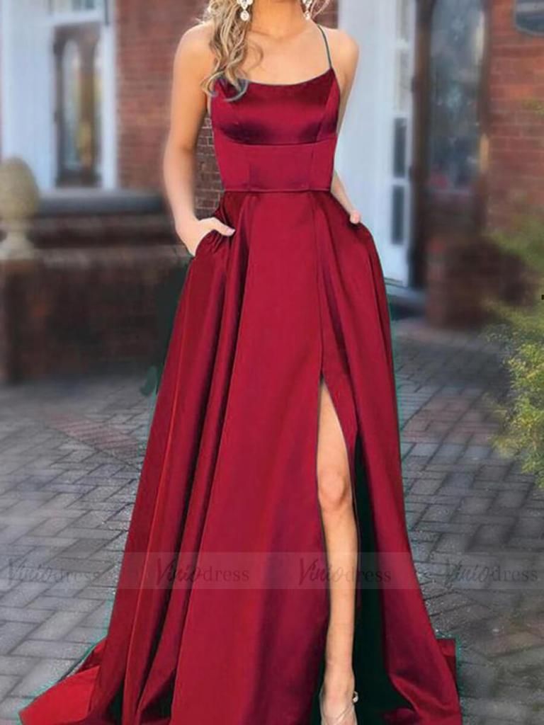 Emerald Green Satin Long Prom Dresses with Pockets FD1350