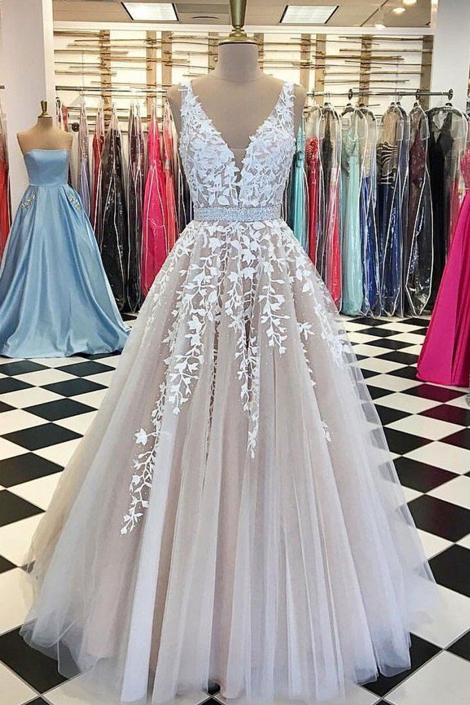 Champagne Prom Dress, Lace Applique Prom Dress, Beaded Prom Dress, Elegant Prom Dress, Prom Dresses 2020, Vestido De Festa, Robe De Soiree, Crystals Prom Dress, Prom Gown, V Neck Prom Dress, Prom Dresses Long