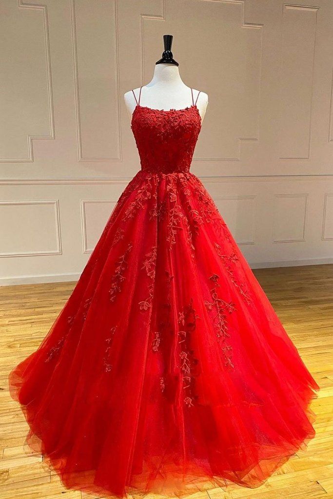 Red Prom Dress, Lace Applique Prom Dress, Boat Neck Prom Dress, Spaghetti Straps Prom Dress, Elegant Prom Dress, Prom Gowns, Senior Formal Dress, Cheap Prom Dress, 2020 Prom Dress, Evening Gown
