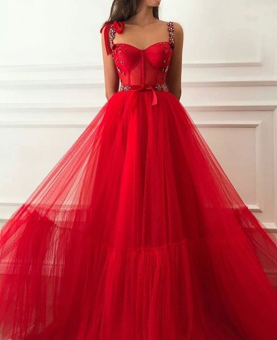 Sexy Sleeveless A Line Red Tulle Prom Dresses With Straps Long Evening Dress