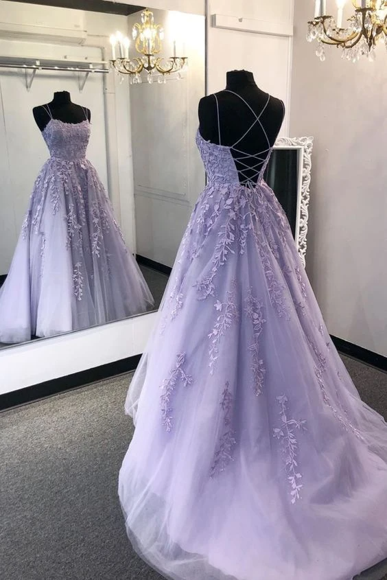 Pretty Prom Dress 2021 Fantasy Gown Light Purple Lace Tulle Corset Back