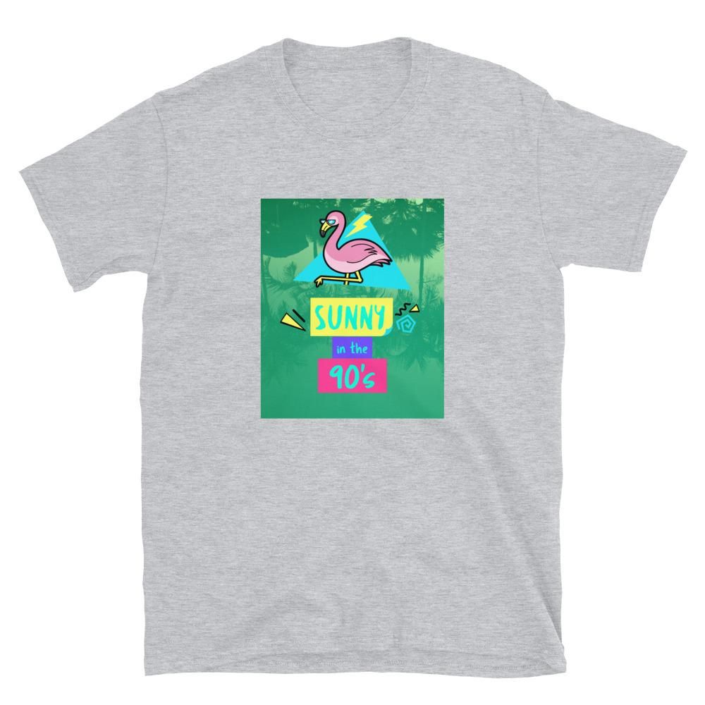 Sunny in the 90's Unisex 1990's Style Colorful Flamingo T-Shirt - Sport Grey / S