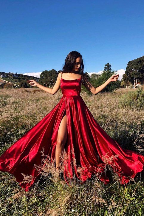 Hot Sexy Spaghetti Straps Red Prom Dresses with Split Front