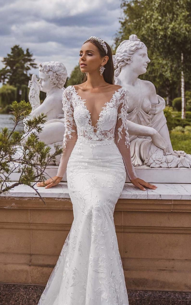 Long Sleeve Wedding Dress Lace Wedding Dress Mermaid Wedding Dress Sheath Wedding Dress Embroidered Wedding Dress Winter Wedding Dress  2020