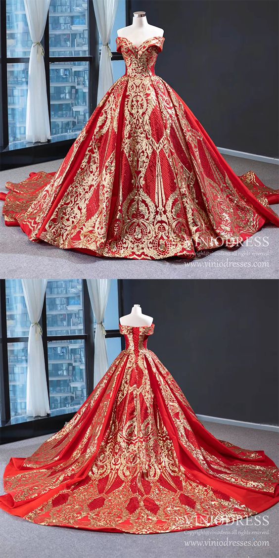 Vintage Red & Gold Sequin Ball Gown Prom Dresses FD1971