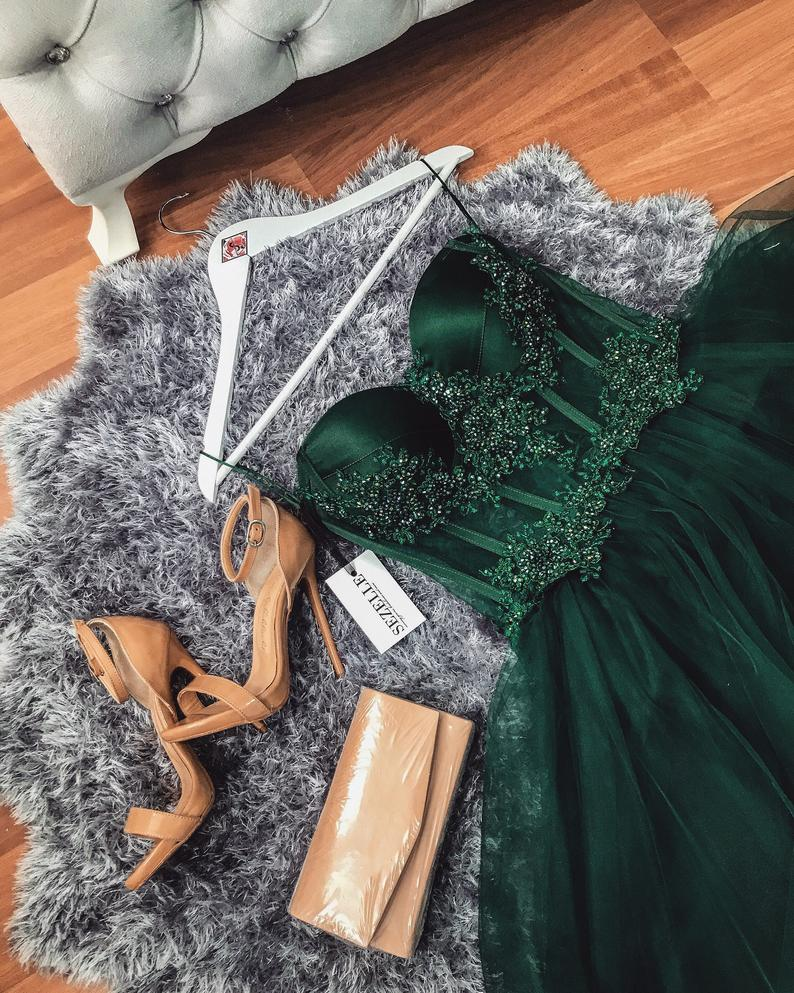 Emerald Corset Tulle Prom Gown Evening Wedding Dress Cocktail Sweetheart Neckline Beaded Lace Bridal