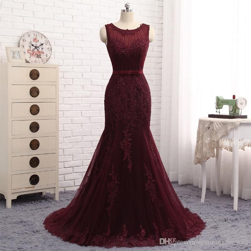 Mermaid Evening Gowns Wine Red Jewel Sheer Neck Lace Applique Sequins Tulle Hollow Back Cheap Prom Red Carpet Celebrity Dress Gowns From Stunningdress88, $86.65 | DHgate.Com