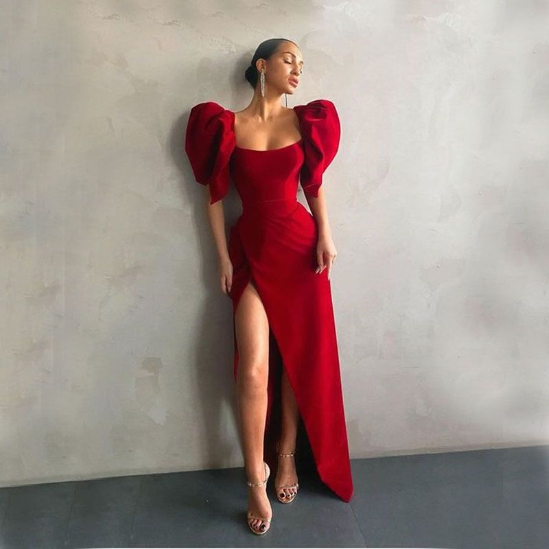 79.0US $ 20% OFF|2021 Red Long Prom Dresses Cap Sleeves Slits Satin Arabic Dubai Women Evening Dress Formal Party Gowns robe de soirée de mariage|Prom Dresses|   - AliExpress