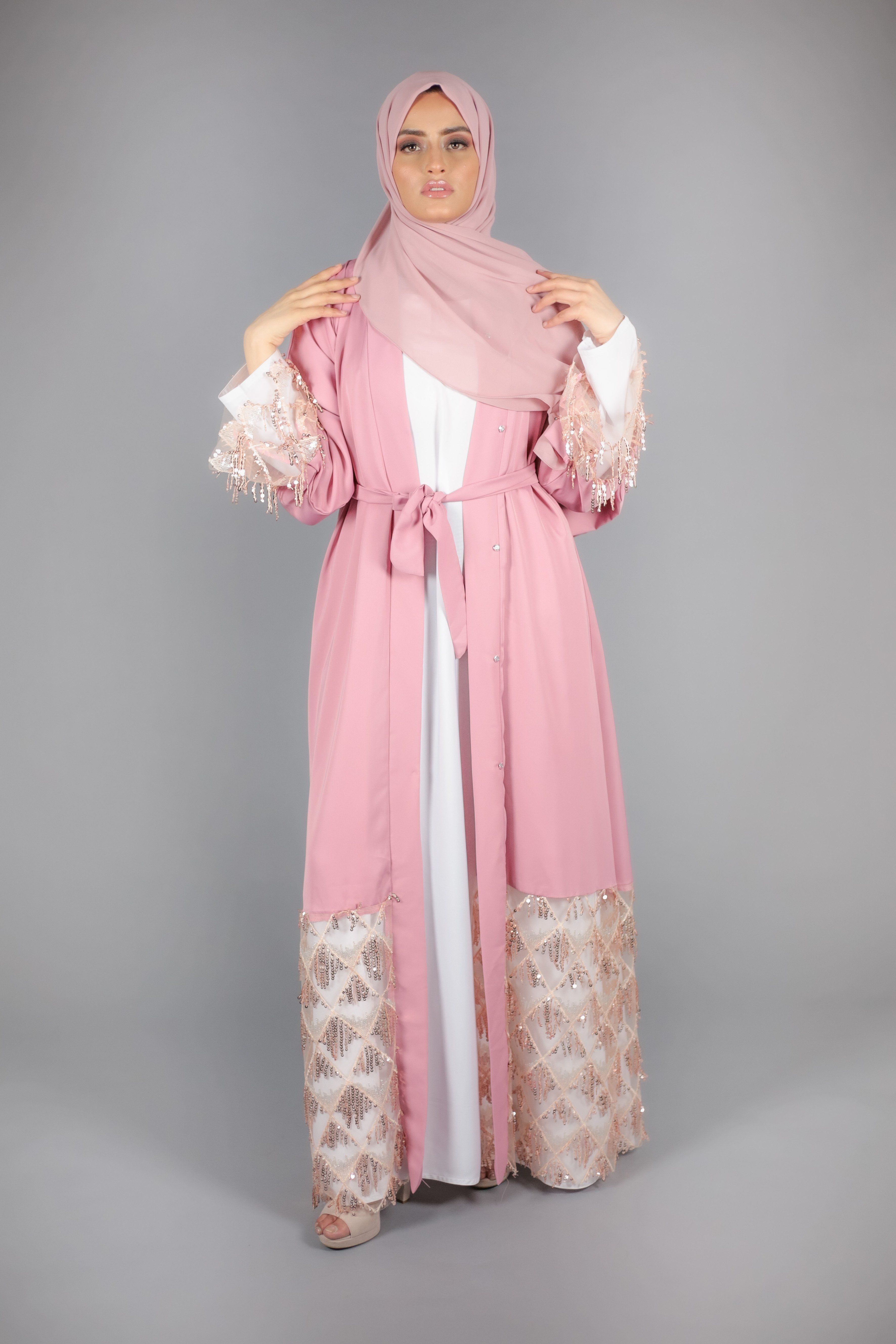Blush Pink Delicate Sequins Open Abaya - 56