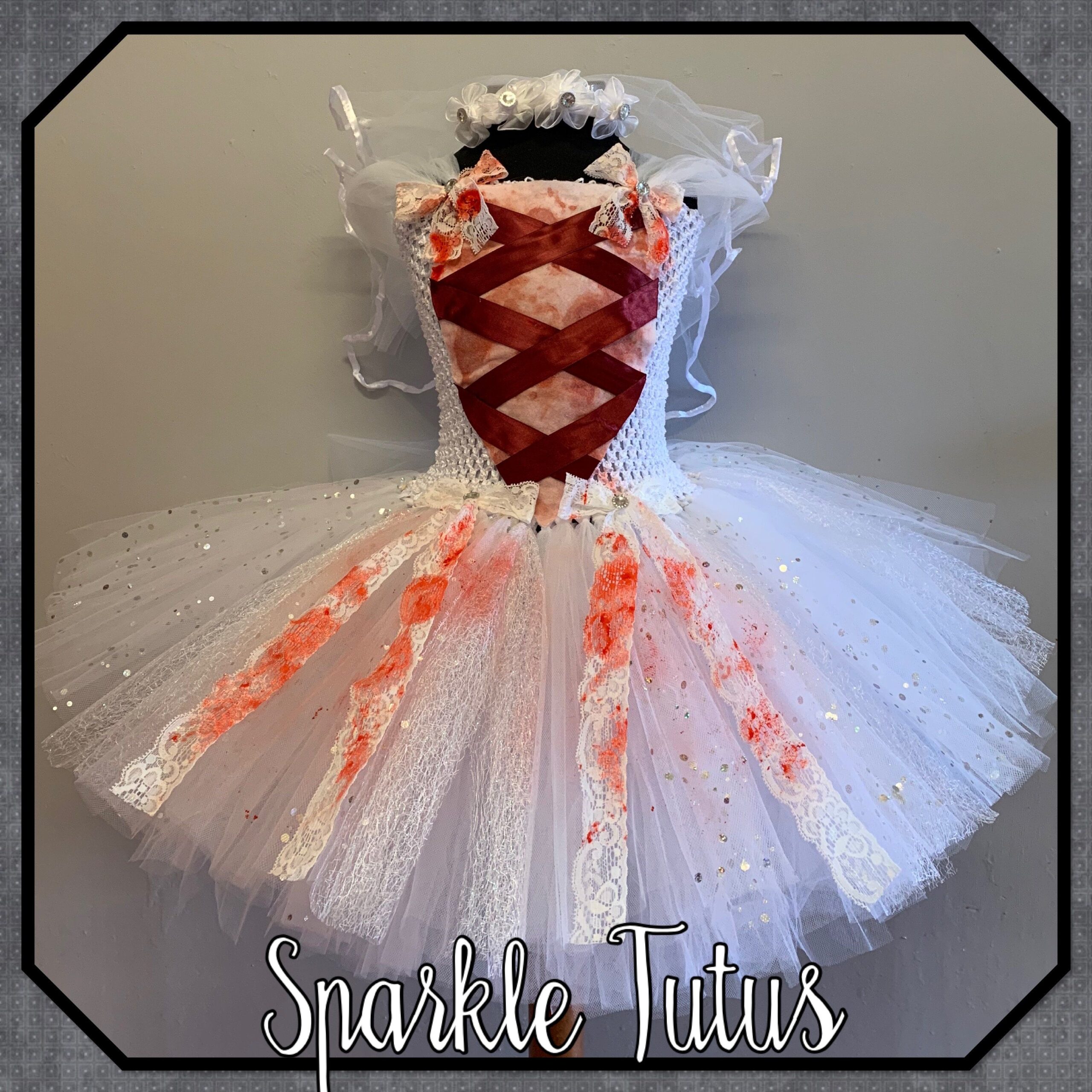 Zombie Corpse Bride tutu dress with sparkle and lace. - 10-11