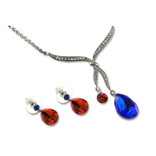 Love Knot Design Necklace & Earrings Set, Siam Red Pear Drop Czech Crystal Hangs from fine Swarovski Crystals Inlaid Knot.  Dangling Pear Drop Earrings Match. 14k Gold Plated Setting. Comes in 6 Colours - Red
