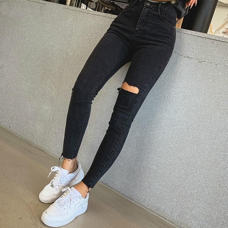Women's High Waist Tassel Ripped Denim Jeans - 25 / Black