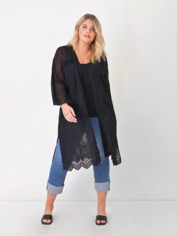 Black Embroidered Chiffon Kimono - Black / 14