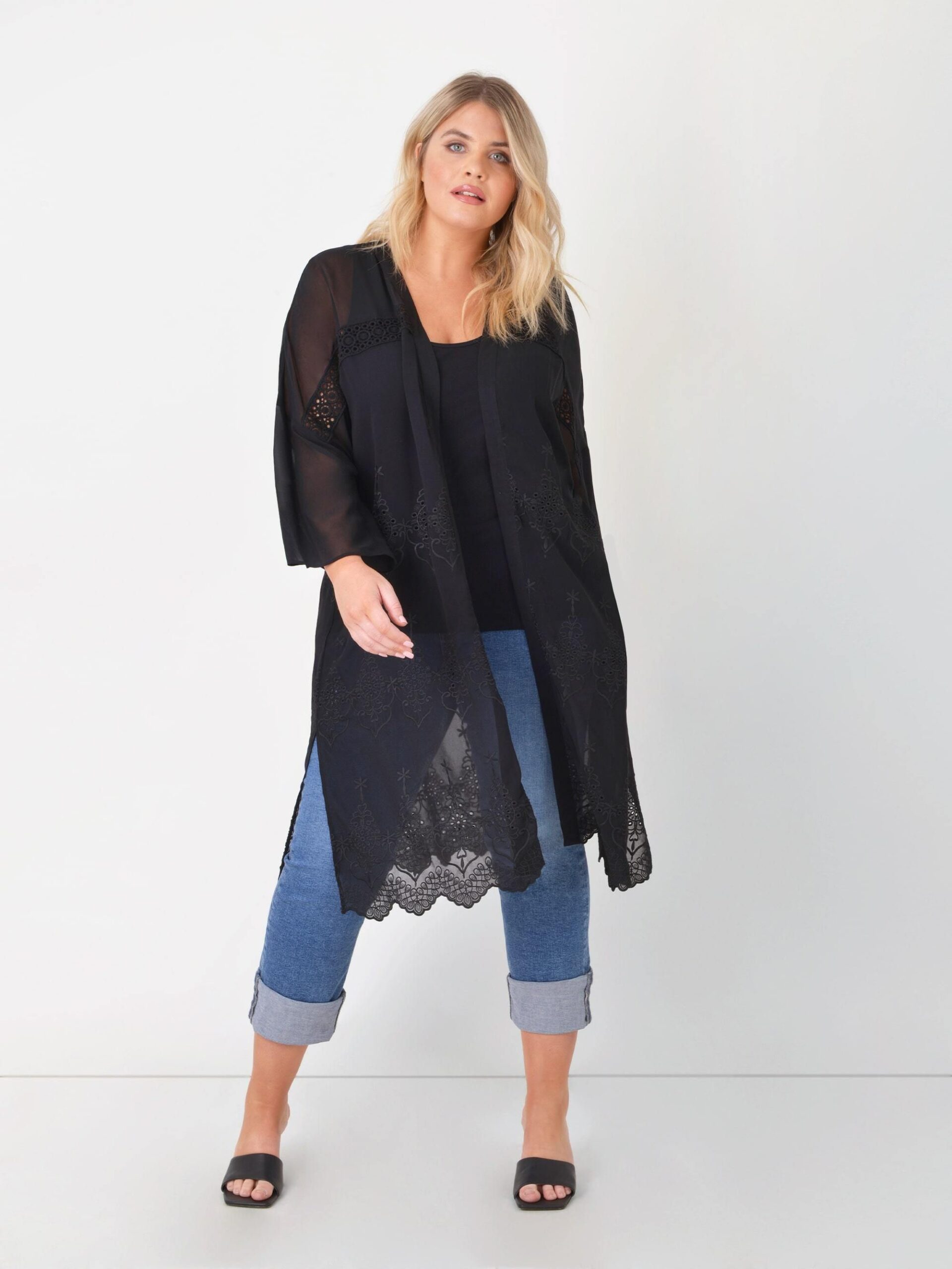 Black Embroidered Chiffon Kimono - Black / 14