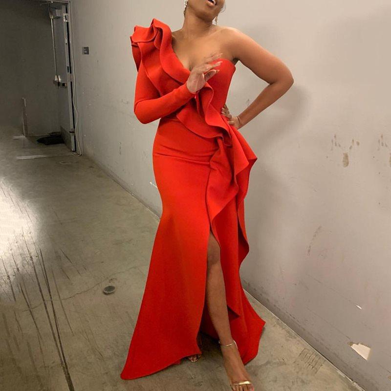 African Style Party Vintage Women Long Dresses One Shoulder Bodycon Split Ruffles Maxi Red Dress - Red / XL