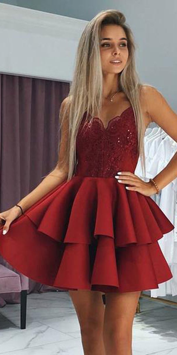 Spaghetti Straps Red Appliqued Homecoming Dresses With Beading PD345