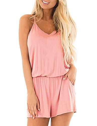 Bluetime Womens Rompers with Pockets Casual Beach Summer Outfits Spaghetti Strap Short Jumpsuits - XX-Large / Pink