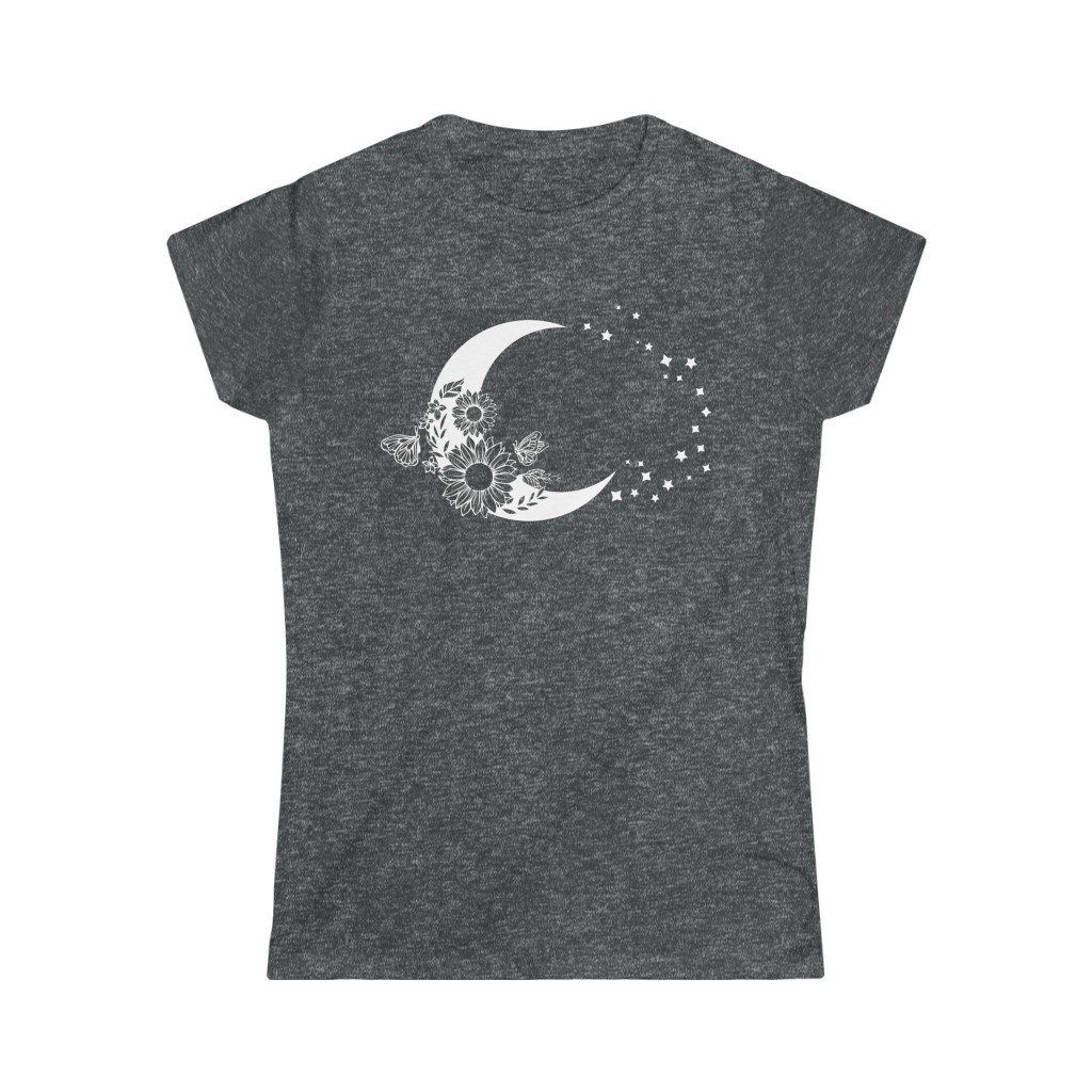 Moon and Stars T-shirt, Nature T-shirt, Boho Vibes, Outdoor T-shirt, Moon, Cottage Core, Retro, Vintage, 70's, Women's Softstyle Tee - L / Dark Heather