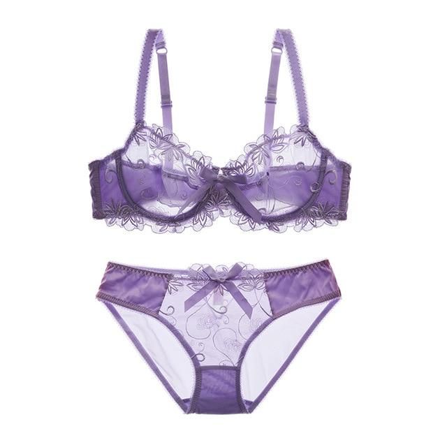 Embroidery Bra Set Plus Size Lingerie Sexy C D Cup Ultrathin Transparent Bra - Purple / 80D