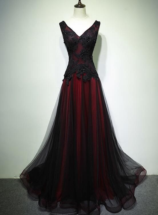 Black and Tulle V-neckline Beaded Lace Long Party Dress, A-line Prom Dress Evening Dresss - US size 6