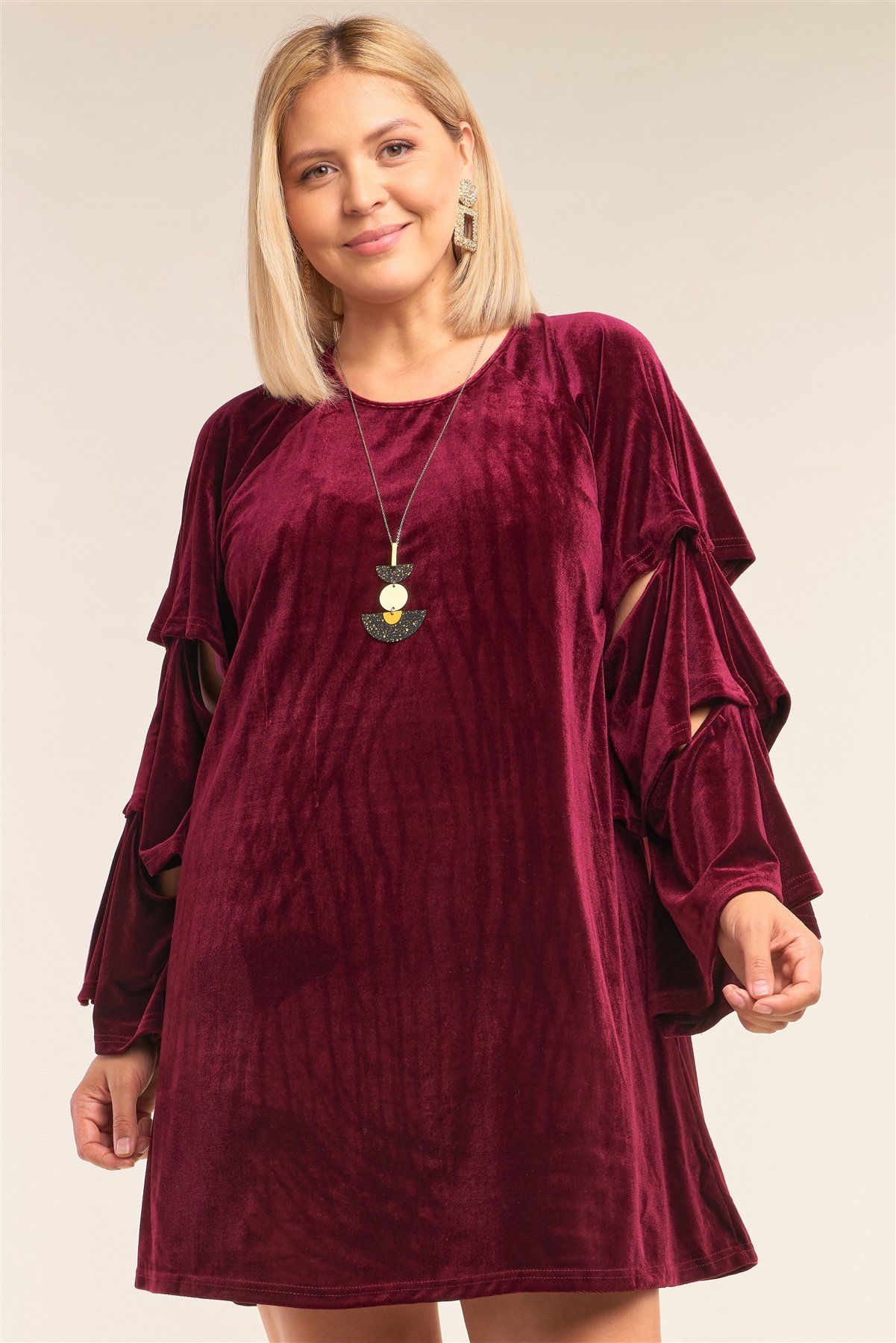 Plus Size Juliet Black Velvet Relaxed Fit Cut-out Detail Layered Long Sleeve Mini Dress - 1X-Large