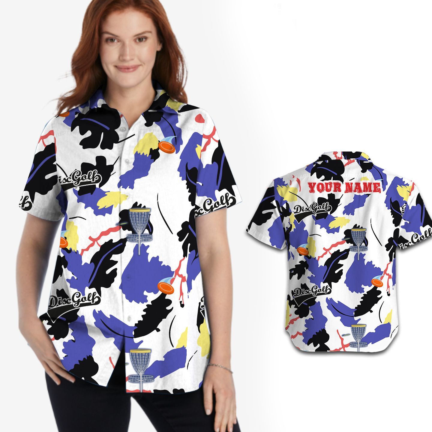 Disc Golf Custom Name Hawaiian Shirt For Women In Summer 5XL Black/White/Purple