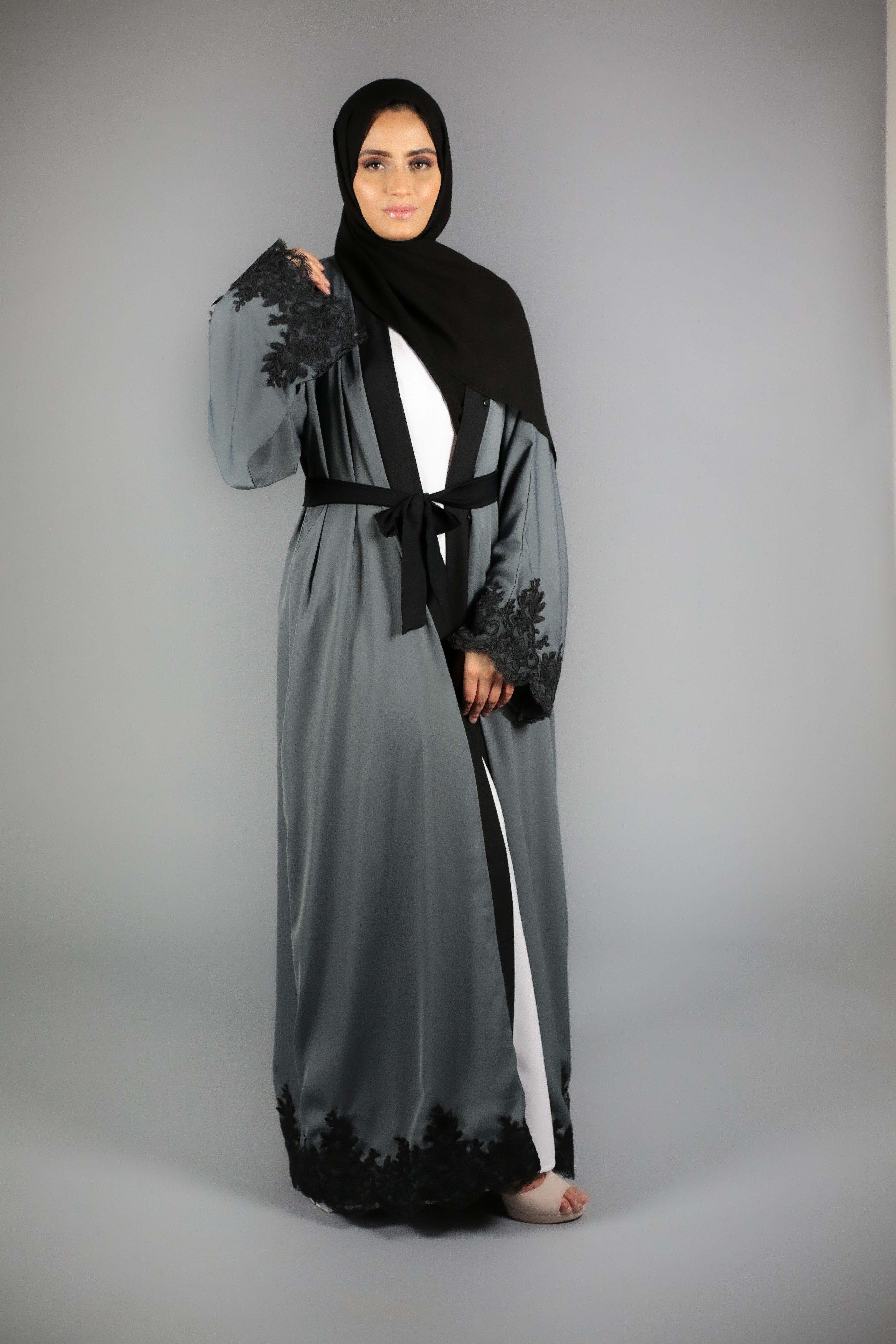 Charcoal Grey Open Abaya With Black Lace - 58