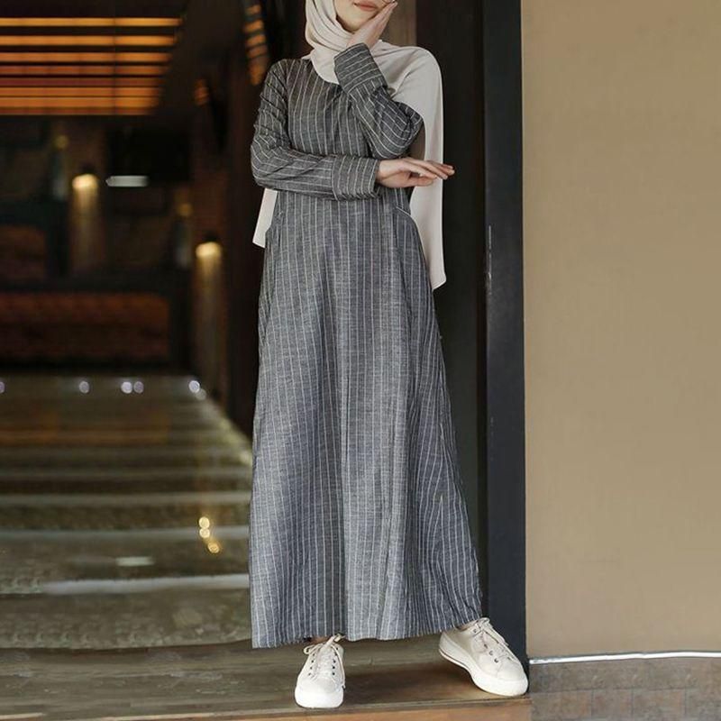 Vintage Striped Sundress Women Muslim Abaya Turkey Hijab Dress ZANZEA Casual Long Sleeve Kaftan Vestidos Islamic Clothing Robe - Black / XXXL