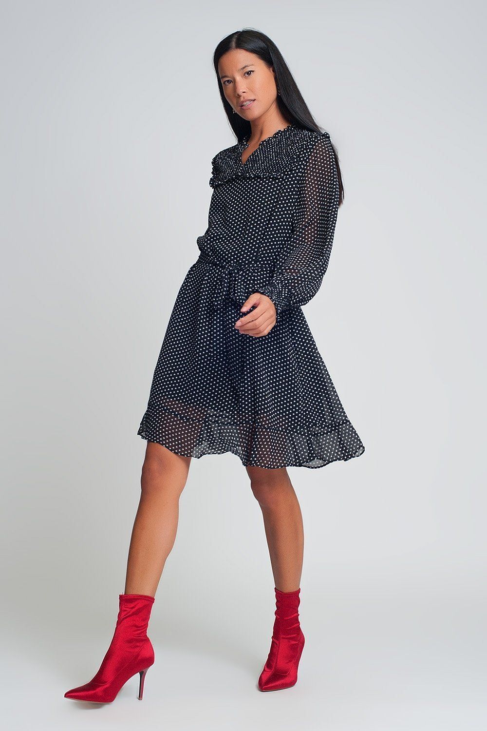 Short Polka Dot Dress with Waistband and Long Sleeves - Small / Black