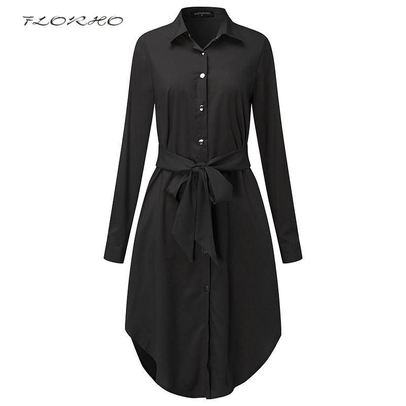 Elegant Women Long Sleeve Shirt Dress - Black / XXXL