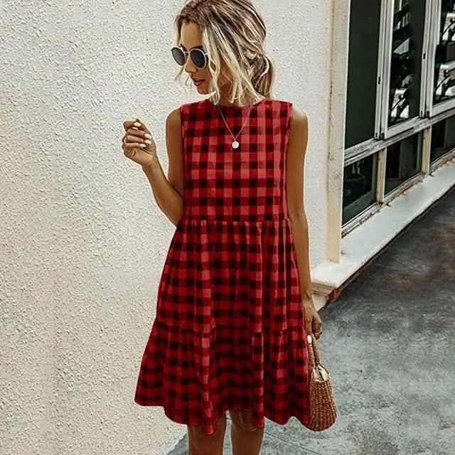 Jocoo Jolee Women Elegant Plaid Sundress Casual Summer Sleeveless A Line Dress Retro Beach Dress Evening Party Dress Vestidos - Red / L