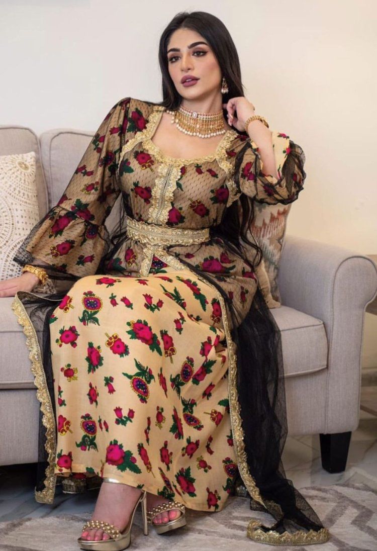 Islamic Muslim Style Floral Kaftan Abaya Dress - T / M