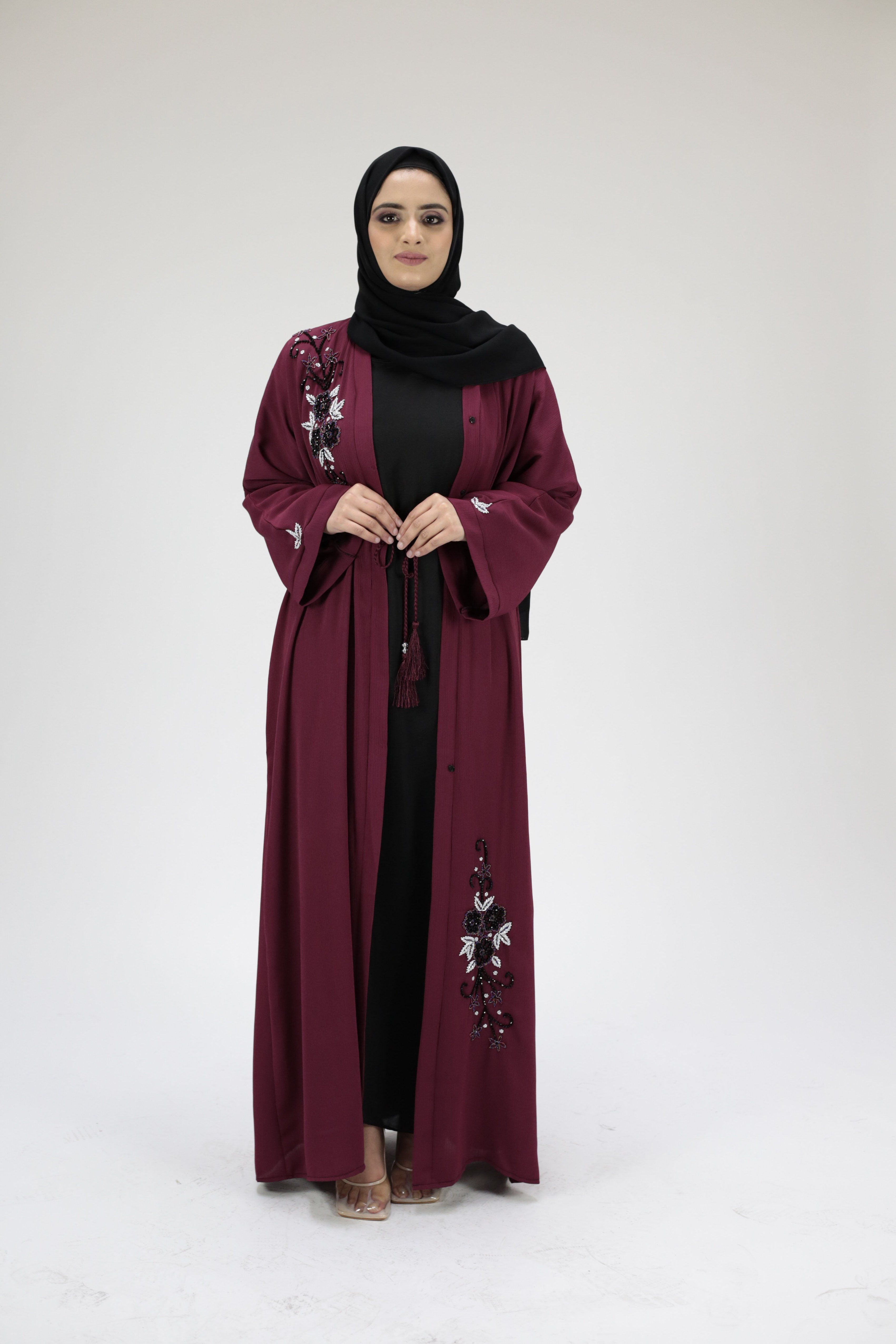 Sofia Dark Cherry Embellished Open Abaya - 58