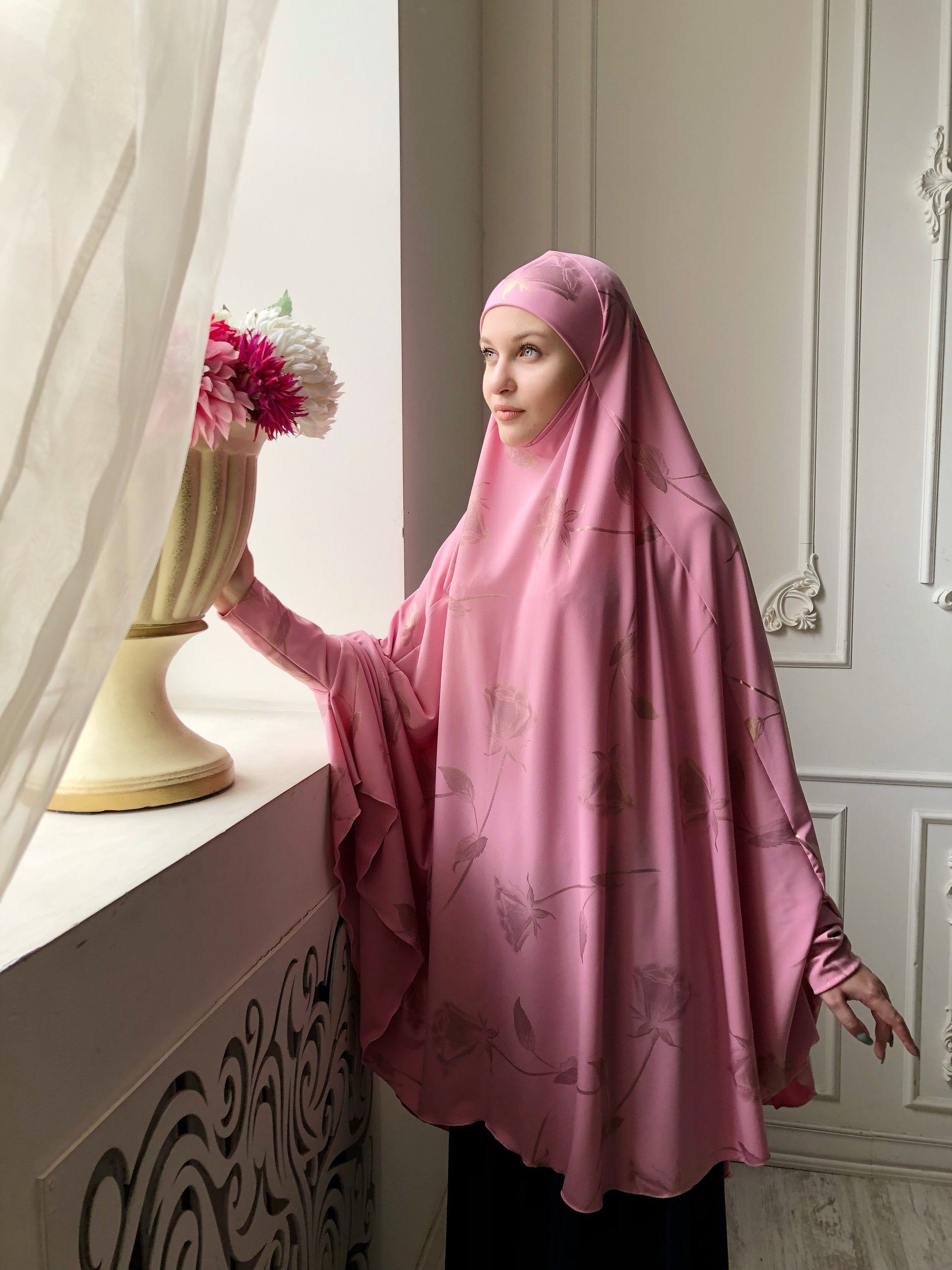 Rose elegant jilbab, islamic clothing, pink khimar, ready to wear hijab, Muslim dress, niqab, burqa gift