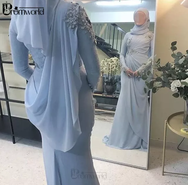 107.3US $ 26% OFF|Dubai Kaftan Arabic Long Sleeves Formal Dress 2021 Flowers Beaded Chiffon Light Blue Muslim Evening Gowns Abiye Gece Elbisesi|Evening Dresses|   - AliExpress