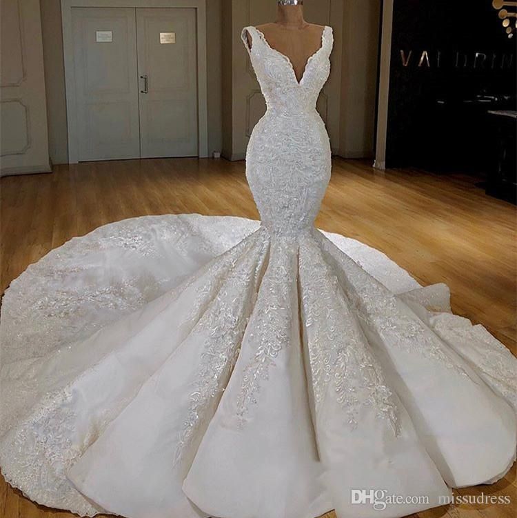 Acheter 2019 Nouvelles Robes De Mariée Cou V Profond Robe De Mariée De Perles De Luxe De Sirène Long Train Robes De Mariage Élégant De 253,80 € Du Missudress | Fr.DHgate.Com