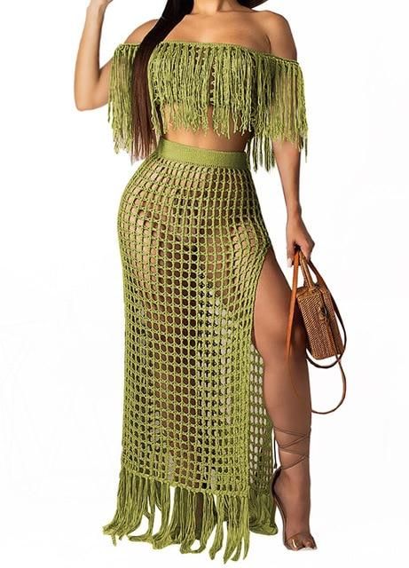 Crochet Tassel 2-Piece Beach Cover Ups - Green / M