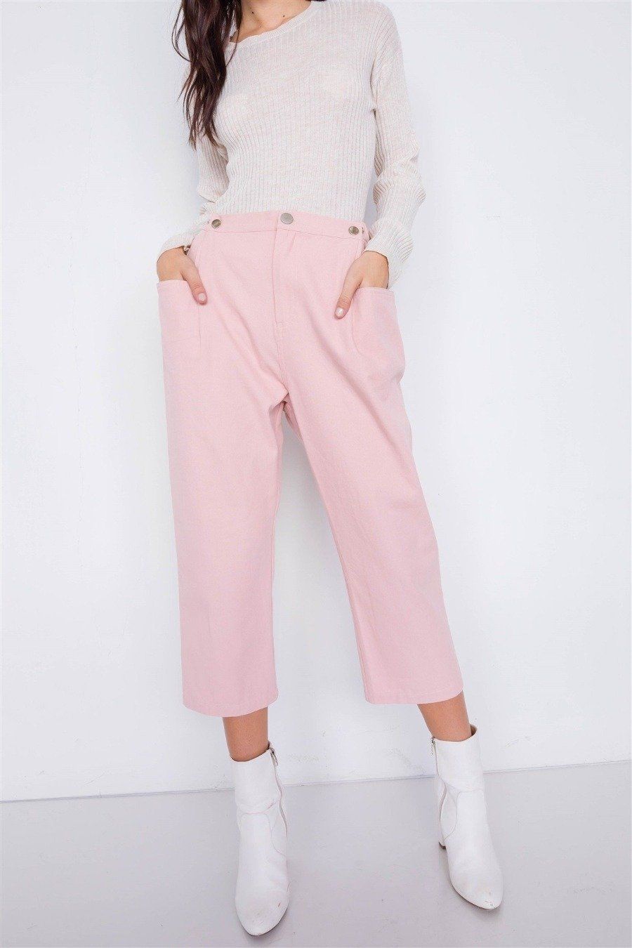 Ankle Length Wide Leg Pastel Dress Pant Capris - Dusty Rose / M