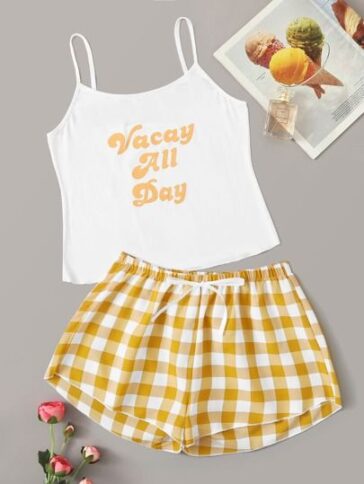 Letter Graphic Cami & Plaid Pants PJ Set