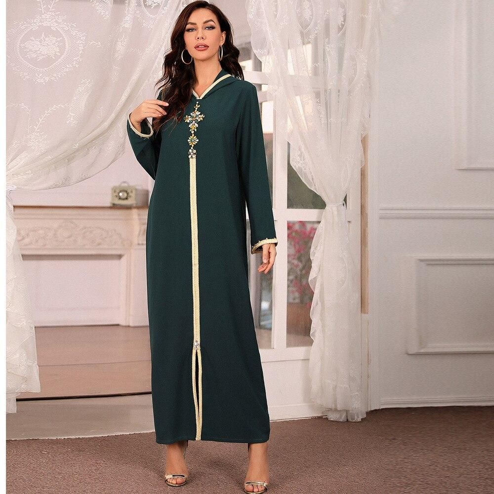 Abaya Djellaba Kaftan women diamond braided finish with long sleeved Muslim hijab Maxi dress Arabic Islamic cloth - dark blue / XL / United States|170