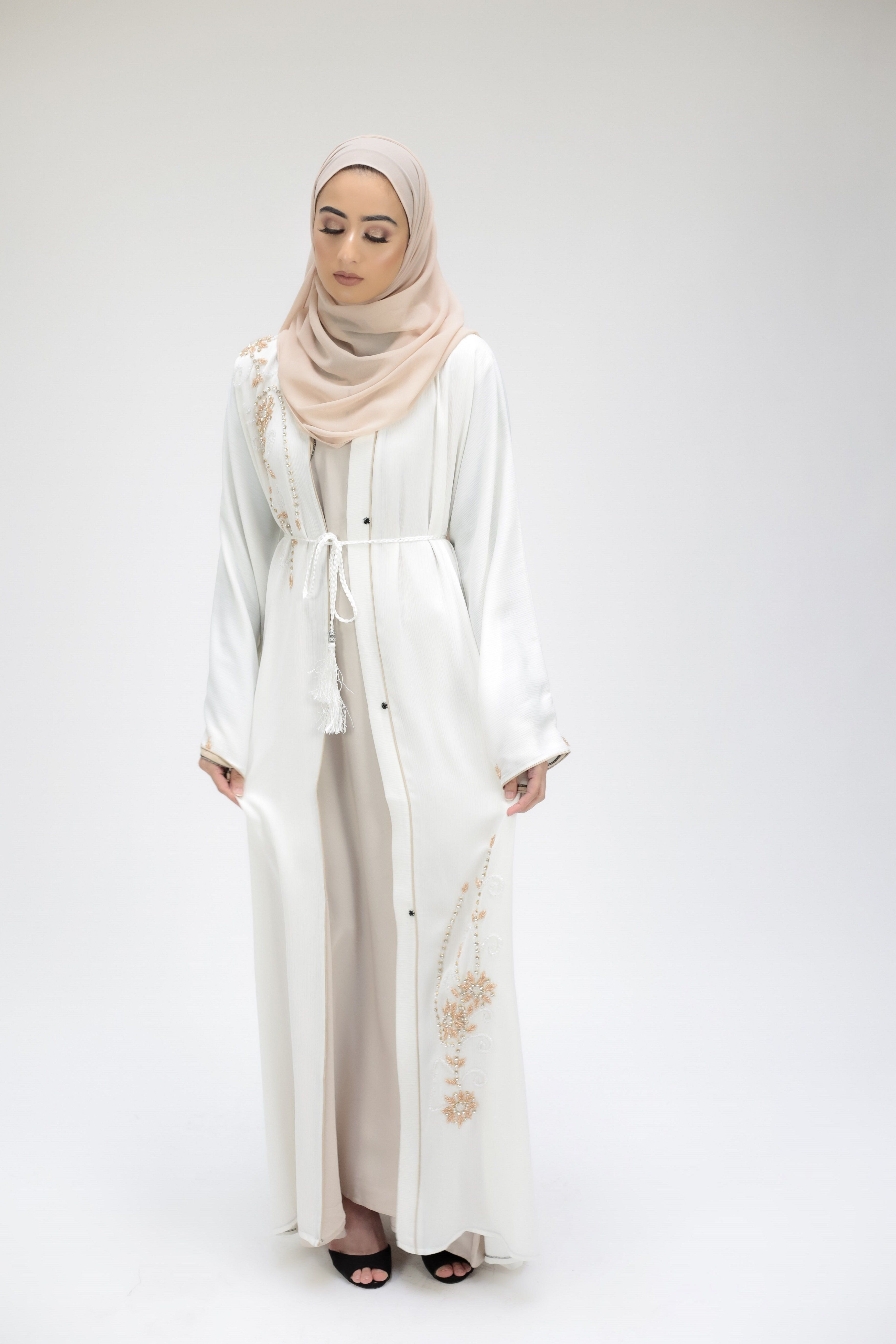 Snow White Open Abaya With Gold Embellishments - 58