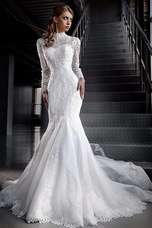 Modest Muslim Lace Wedding Dresses Illusion Long Sleeve High Neck Lace Applique Mermaid Bridal Dress Islamic Dubai Wedding Gowns Tradional From Lilliantan, $179.10 | DHgate.Com